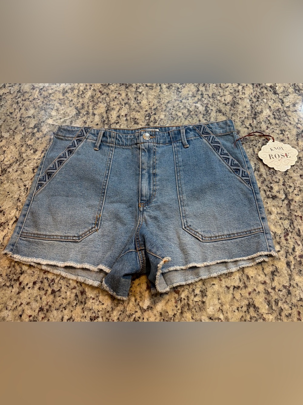 Knox Rose Blue Denim Shorts with Geometric Embroidered Trim